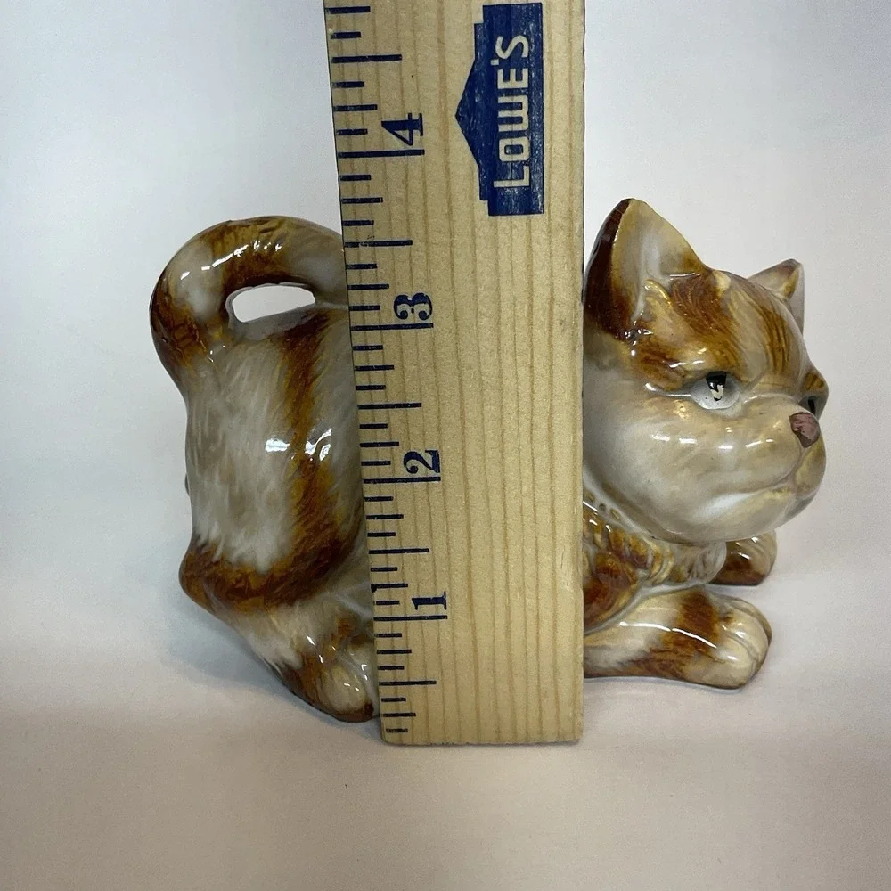 Vintage Cat Ceramic Glazed Striped Cat Tan Brown Crouch Laying‎ Down Kitten